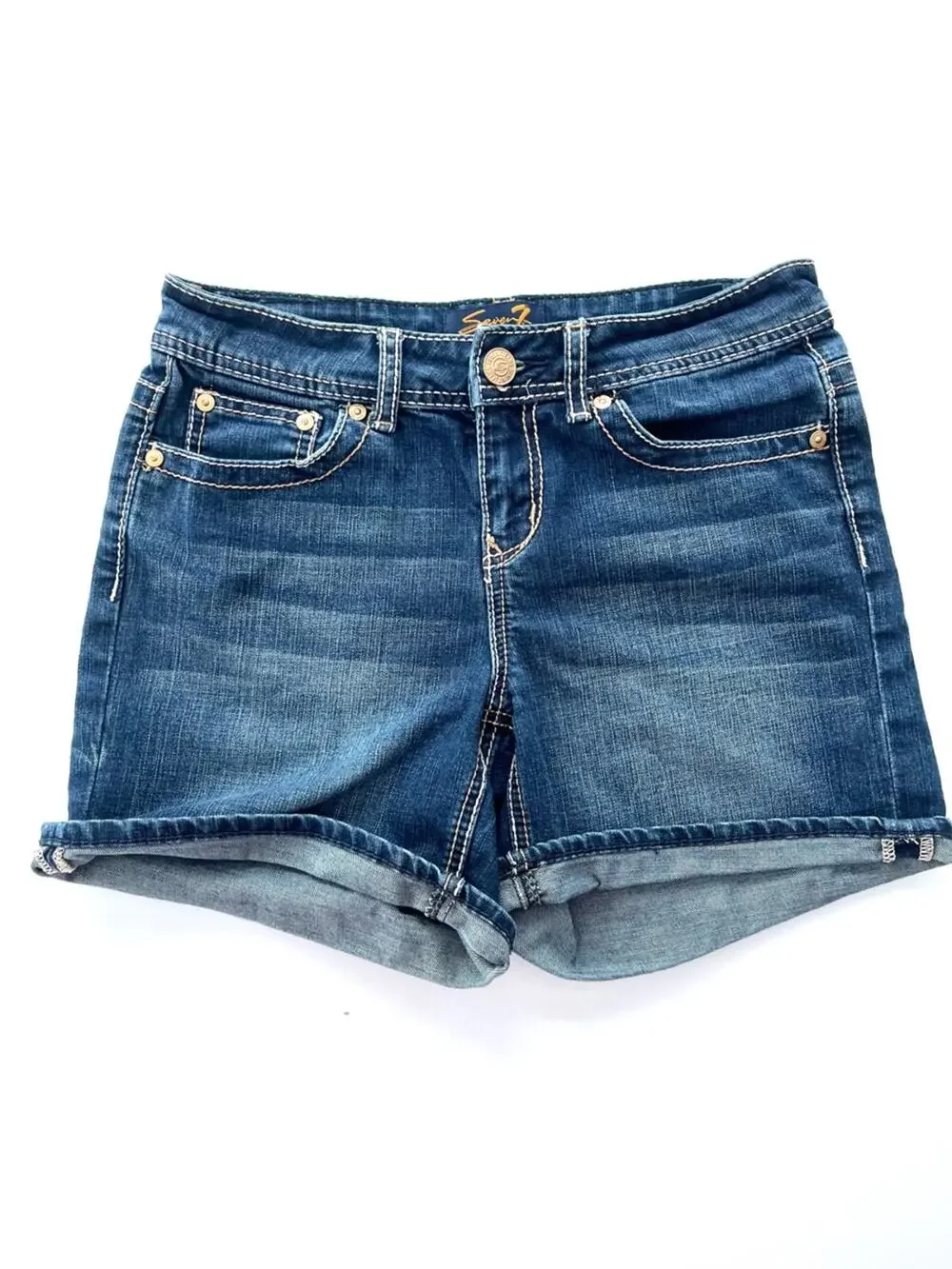 2000s Y2K Women's Long Jean Shorts Medium Seven7 Dark Wash Denim Jorts Bermudas